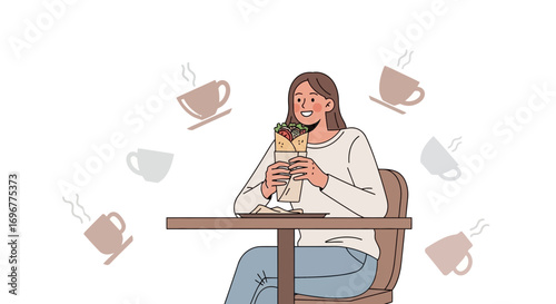 Enthusiastic Woman Enjoying Delicious Wrap Alongside Floating Coffee Cups Illustration
