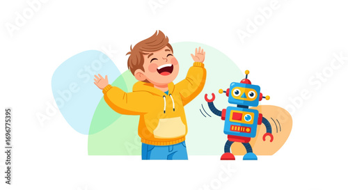 Enthusiastic Young Boy Playing With a Friendly Robot and Expressing Delight