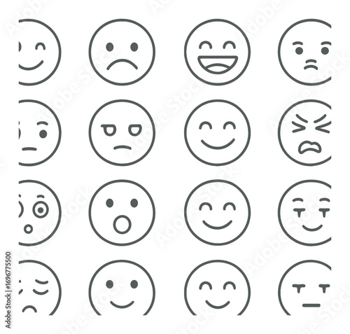 Set of 25 emoticons: various facial expressions in grid layout on gray background