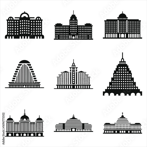 Iconic Global Hotel Landmarks Silhouette Collection. A versatile vector set of famous international hotels, ideal for travel, tourism, and hospitality designs.