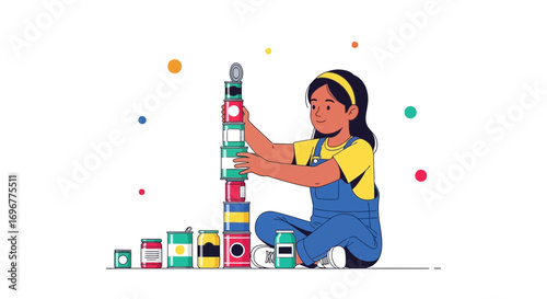 Girl Stacking Cans Illustrating Childhood Joy With Playful, Creative, And Colorful Design