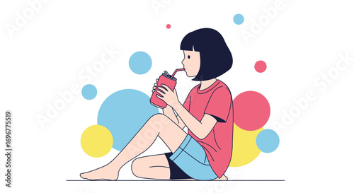 Girl Sipping Beverage Beside Colorful Spheres In A Minimalist Illustration