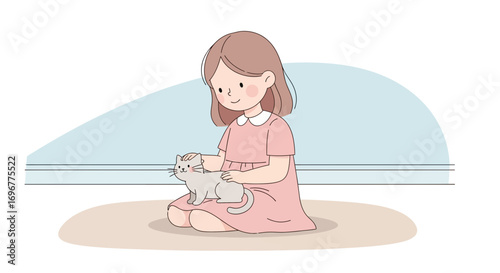 Girl Tenderly Petting Adorable Kitten in a Peaceful Illustration of Affection and Friendship