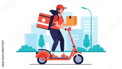 Delivery on Wheels: A vibrant scene unfolds as a delivery courier zips through a cityscape on a sleek electric scooter, the essence of modern convenience and swift service.