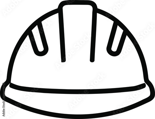 Black and white line art icon of a hard hat for construction site safety and worker protection. Simple vector graphic illustration