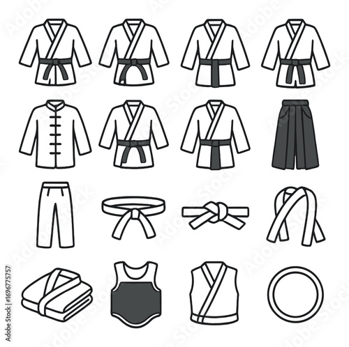 Martial arts apparel icon set: gi, belt, hakama, top, pants for training and competitions
