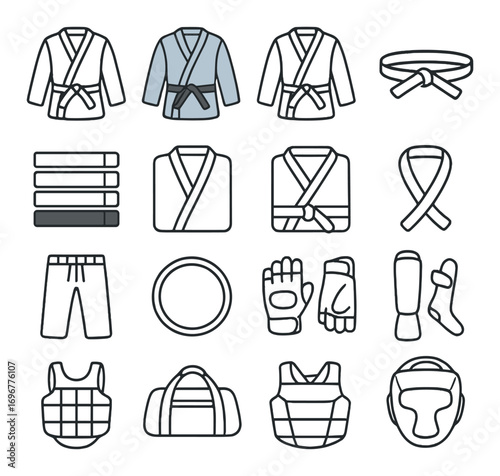 Martial arts icon set featuring belt, gi, gloves, and protective gear on grey background