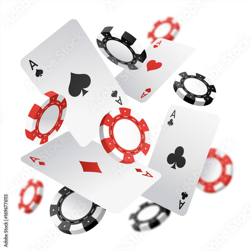 Falling aces and casino chips with blurred elements on white background. Playing cards, red and black money chips fly. The concept of winning or gambling. Poker and card games. Vector 10 eps.