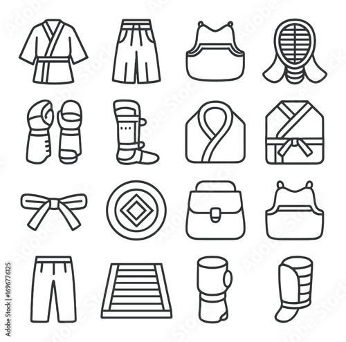 Martial arts gear icons - kimono, belt, gloves, helmet, protective padding illustrations
