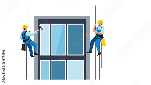 Sky-High Clean: Two professionals hang from ropes, diligently cleaning the windows of a modern high-rise, showcasing the artistry of maintenance and the allure of a spotless facade.