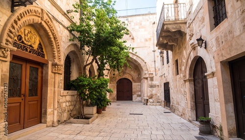 Architectural detail in Jerusalem old city stone buildings and historical street