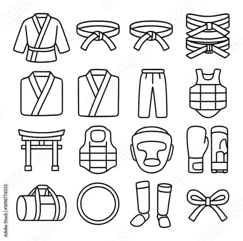 Martial arts equipment icons: uniforms, belts, gloves, protective gear