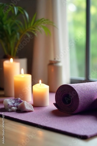 Serene workspace with candles, crystals, and a yoga mat, promoting mindfulness and calm for a meditation business ,  space,  aesthetic,  atmosphere