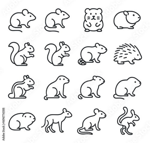 Simple line art of various rodents and small mammals on gray background