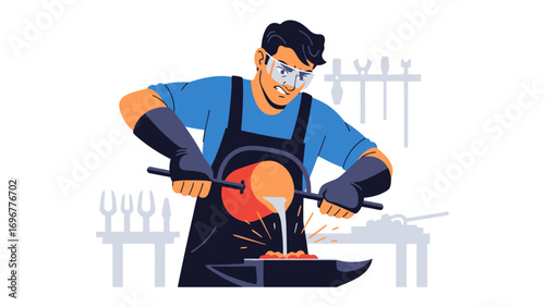 Crafting Precision: A blacksmith, focused and skilled, expertly pouring molten metal, embodying dedication and skill.