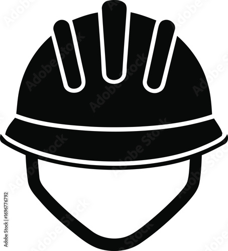 Simple black and white vector icon of a construction hard hat, illustrating workplace safety and industrial head protection. Construction 42