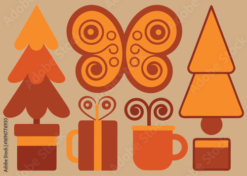 Flat graphic design elements collection featuring christmas trees gifts butterfly and mug artistic design