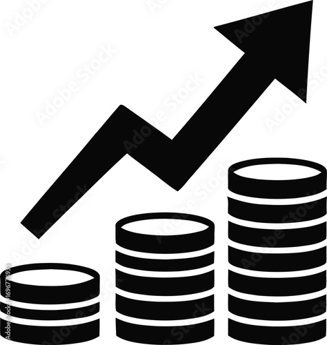 Financial growth concept with increasing coin stacks and an upward arrow, representing investment profit, economic success, and business revenue