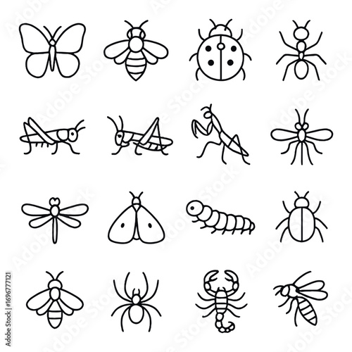 Monochrome insect icons collection: butterfly, ladybug, ant, bee, dragonfly, scorpion, grasshopper, spider