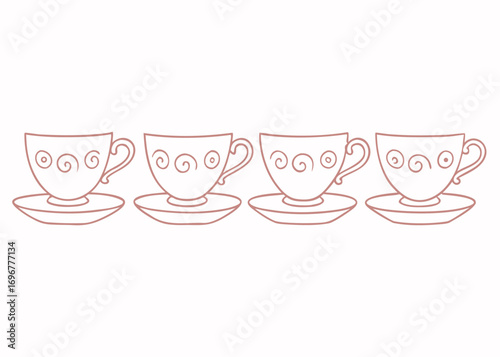 Four delicate hand drawn sketches of elegant teacups and saucers showcasing vintage charm and sophistication