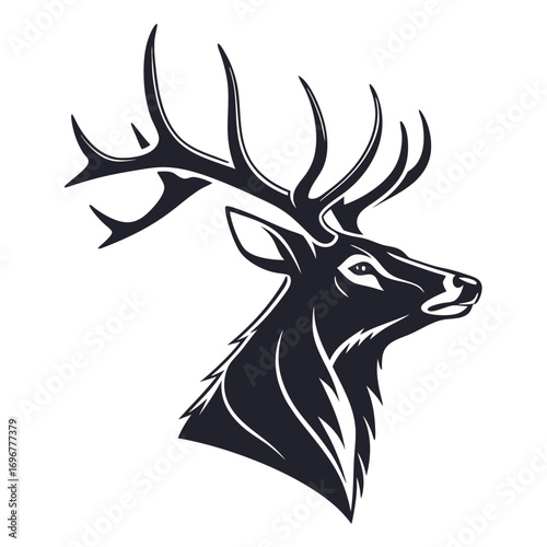 Majestic Black Deer Head Silhouette with Large Antlers in Profile stag