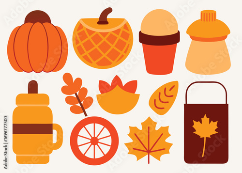Delightful collection of autumn themed icons including pumpkins leaves hot drinks and harvest elements