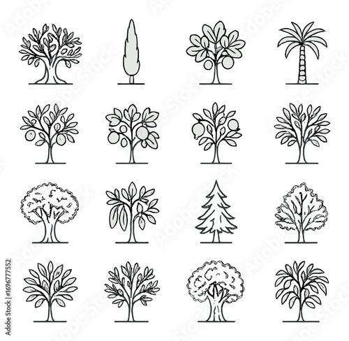 Variety of stylized trees and plants set on gray background