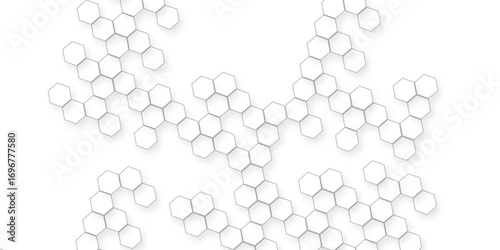 the geometric repetition and depth of the hexagonal grid, A pattern of white hexagon shapes arranged subtle shadows that create a three-dimensional abstract design.