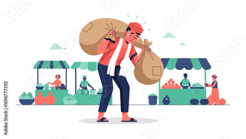 Market Laborer’s Burden: A hardworking market laborer trudges onward, shouldering heavy sacks, a testament to dedication. Amidst colorful stalls.