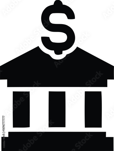 A simple yet powerful graphic icon illustrating a bank building topped with a prominent dollar sign, representing financial institutions, banking services, and economic prosperity