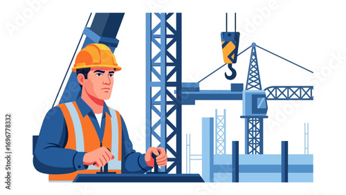 Construction Site Supervisor: A focused construction worker wearing a safety helmet, and high-visibility vest, skillfully manages the crane operations against the backdrop of the construction site.
