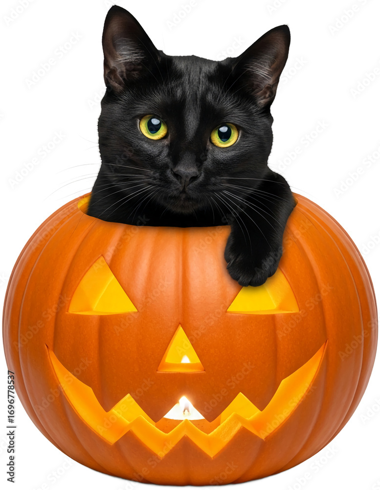 Fototapeta premium Black cat inside orange pumpkin, isolated on a transparent background. PNG image, Halloween theme, spooky yet cute concept