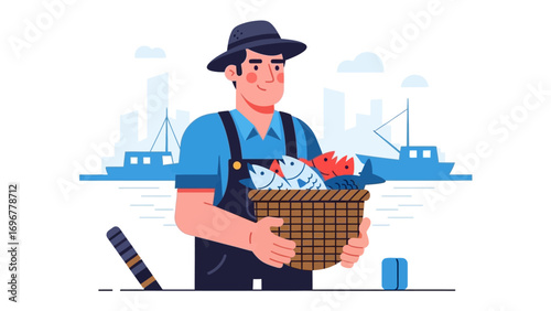 Fisherman's Bounty: A friendly fisherman proudly displays his fresh catch of vibrant fish in a woven basket, a visual tribute to the sea's gifts. 