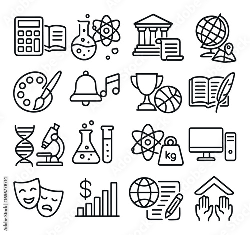 Education icons set featuring science, art, geography, and technology symbols