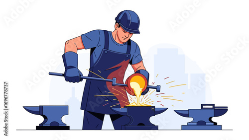 Forging Metal: A skilled worker meticulously pours molten metal into a mold, while working on a complex process for building material. The scene represents a visual narrative of precision.