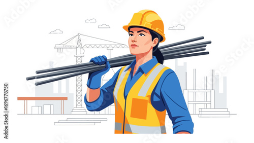 Construction Worker Strength: A determined female construction worker strides confidently, carrying steel beams with unwavering resolve.