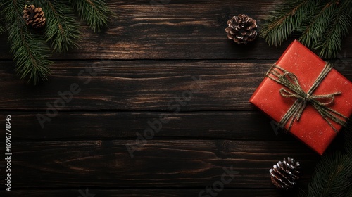 Christmas gift on dark wooden background