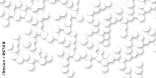 White hexagon abstract background, seamless geometric honeycomb pattern, clean minimal futuristic surface, 3D texture design for technology, corporate, digital, presentation, website, wallpaper.