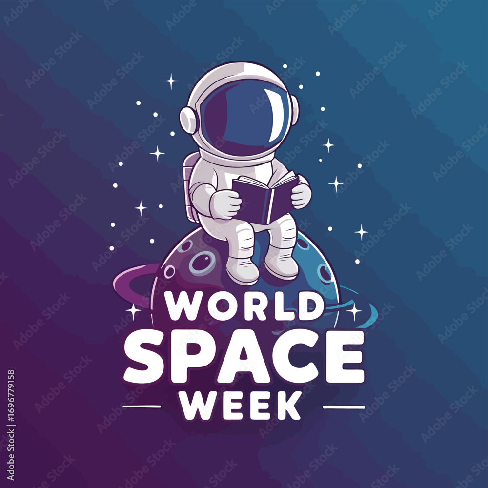 Fototapeta premium Vector art of cute astronaut reading a book while sitting on a planet with text world space week in a starry galaxy background