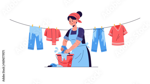 Doing laundry: A lady diligently hand-washes clothes in a colorful and organized scene, representing the daily routines of domestic life, the image offers a simple yet endearing scene.