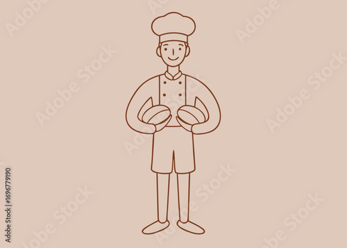 Young male baker holding freshly baked bread in a chef hat and apron sketch