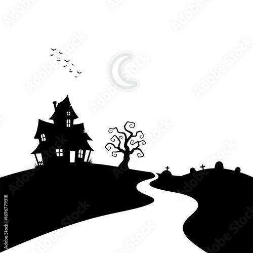 Spooky haunted house silhouette on a hill with a winding path and crescent moon on halloween night vector