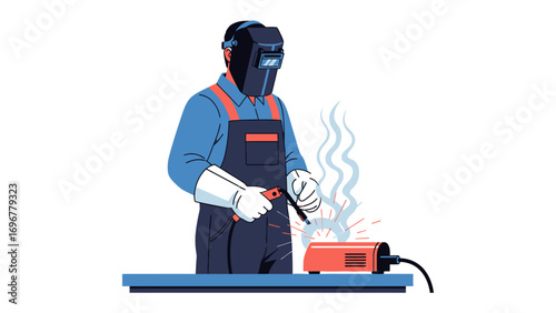 Welder at Work: A skilled welder, clad in protective gear, meticulously works with precision, generating sparks and smoke as they weld a metallic object with an electric tool.