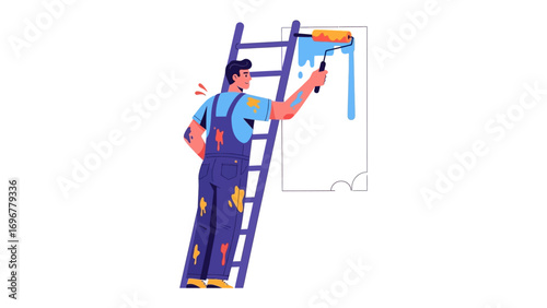 Painter on Ladder: A painter, using a roller, transforms a plain surface with strokes of vibrant blue.