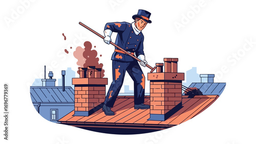 Chimney Sweep's Daily: A classic illustration depicts a skilled chimney sweep diligently at work on a rooftop, efficiently cleaning the chimney, creating a charming scene