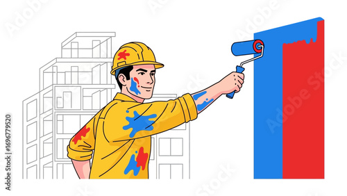 Painter at Work: Capturing the essence of renovation, a skilled painter, adorned in a yellow uniform, precisely uses a roller to apply vivid colors to a section of a building's wall. 
