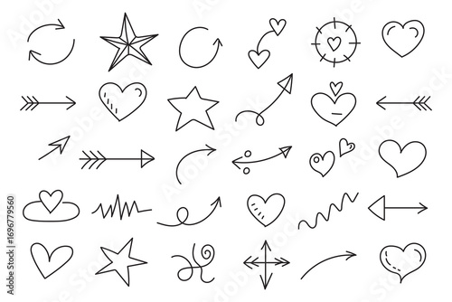 Chalk and crayon scribbles, pencil brush strokes, marker checks, swirls, and playful doodles. Hand drawn arrows, lines, and sketch marks. Creative doodle elements. Vector collection
