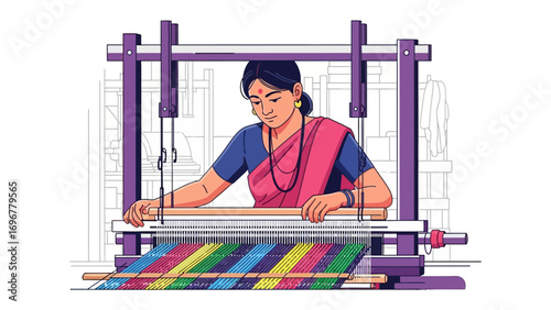 Woman Weaver Crafting Textile: An image of woman engaged in the ancient art of weaving textile on a loom, representing craftsmanship, skill, and cultural heritage.