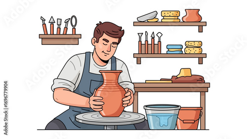 Potter's Craft: An artisan molds clay on a spinning wheel, crafting a vessel in a vibrant, contemporary illustration of the pottery process.