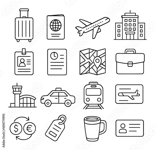 Travel icons set featuring airplane, suitcase, map, passport, and transportation symbols